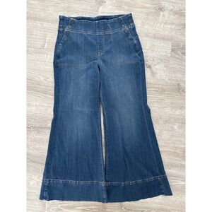 Chicos Pull On Flare Jeans Dark Wash Denim High Rise Button Detail Size 10